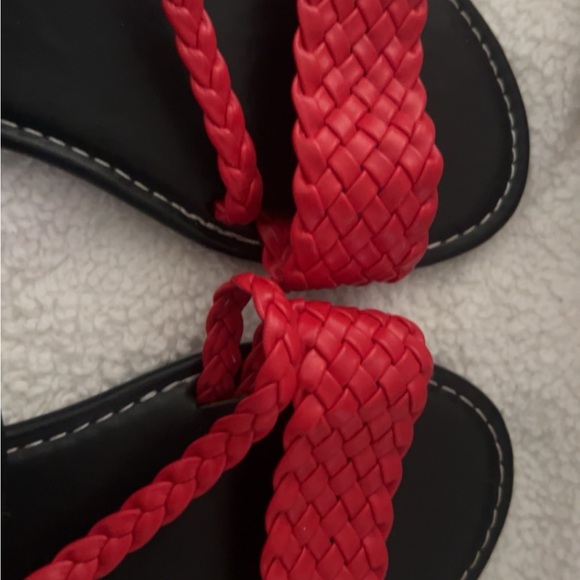 Red and Black Minimalist Sandals with Braided Straps - Picture 2 of 4